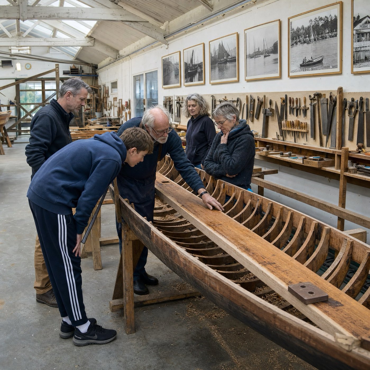Volunteers gathered around a restoration hull inside the Pessac atelier
