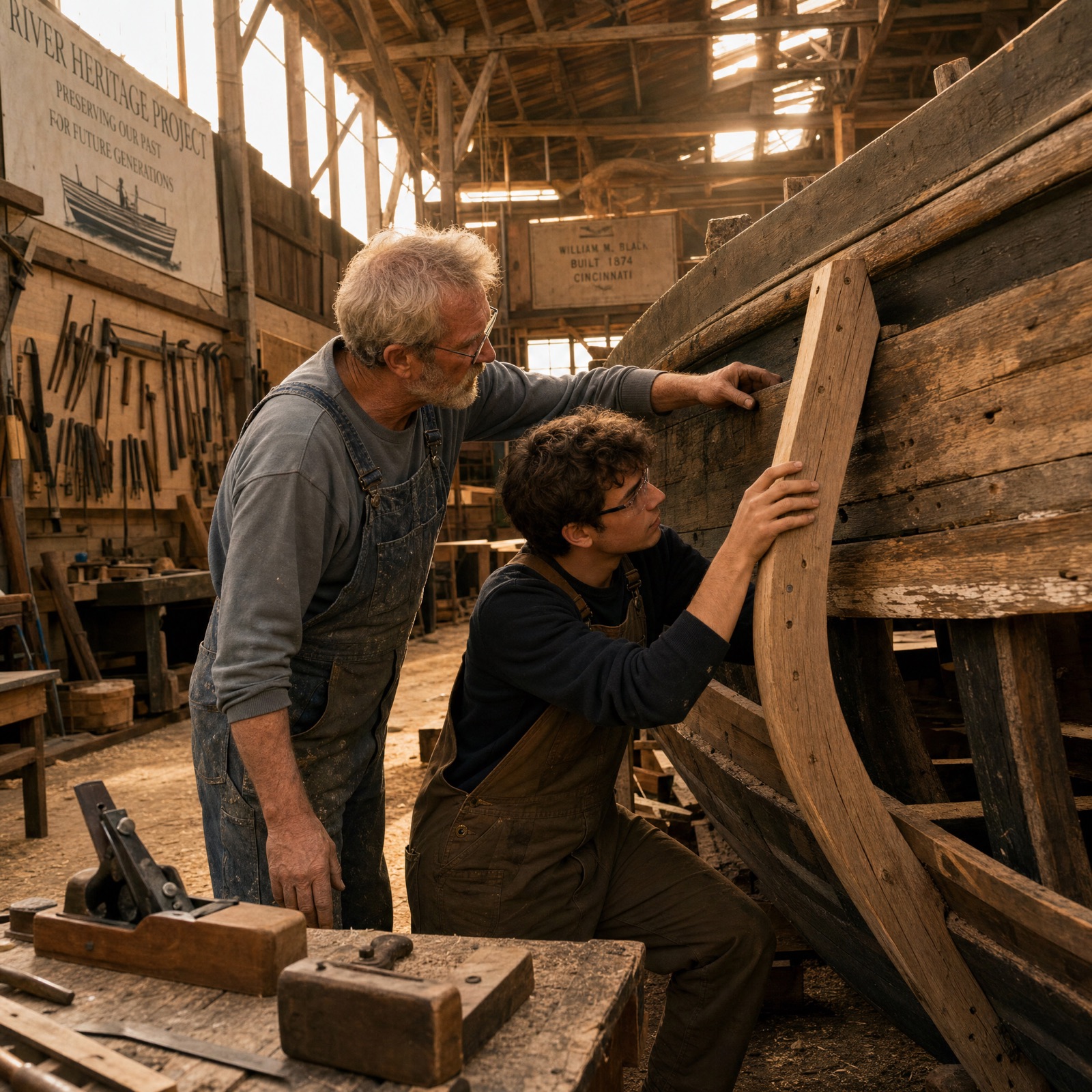 Volunteers restoring a 19th-century wooden gabarre in the Pessac workshop