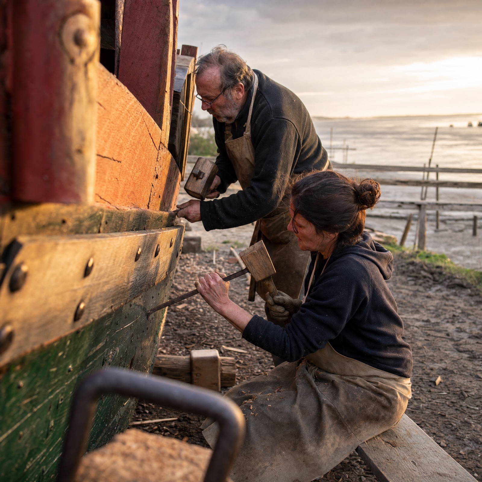 Volunteers fitting a fresh oak plank on a traditional gabarre at the Gironde quayside